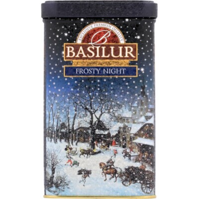 TEA BASILUR FROSTY NIGHT 85G CAN - BLACK WITH A HINT OF VANILLA AND ALMOND