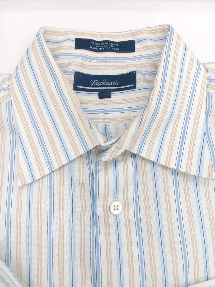 🇫🇷 Faconnable мужской размер L 16 x 34 100% хлопок платье рубашка многоцветная полоса - Изображение 3 из 4