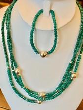 Green Corundum Three Strand Necklace 18" & 7" Bracelet set Faceted 3 Estate