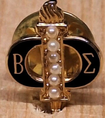 VINTAGE BATA SIGMA PHI FAUX PEARL TORCH GOLDEN TONE LAPEL PIN