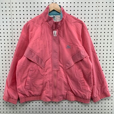 Vintage Puma Nylon Windbreaker Jacket Womens Large Pink Full Zip Fits 22.5X25
