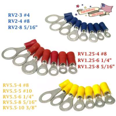 50/100PCS Insulated Ring Crimp Electrical Wire Terminals Connectors 22-10AWG