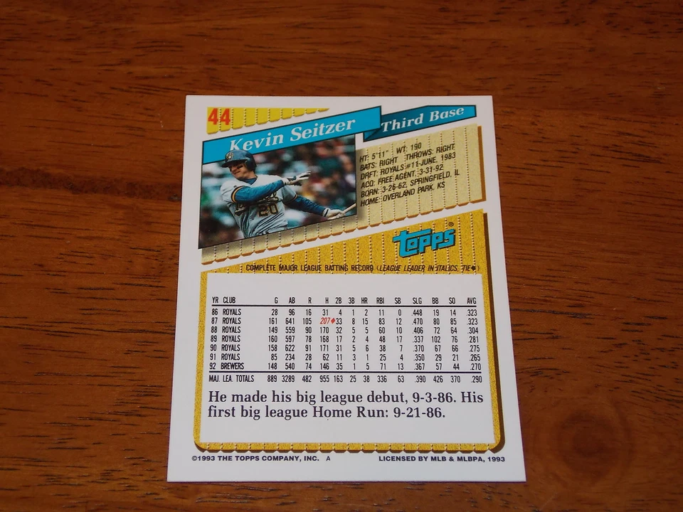BASEBALL CARD 1993 TOPPS GOLD KEVIN SEITZER #44 - Image 2 of 2