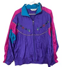 Vtg 80s Two Twenty Colorblock Windbreaker Track Jacket Floral Embroidery Large