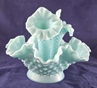 Fenton Hobnail Turquoise Opalescent Glass 3 Horn Epergne Centerpiece Vase