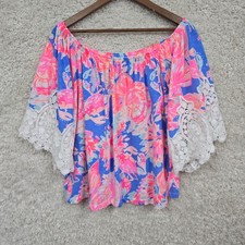 Lilly Pulitzer Zaylee Top Womens L Off Shoulder Floral Bell Sleeve Lace Trim
