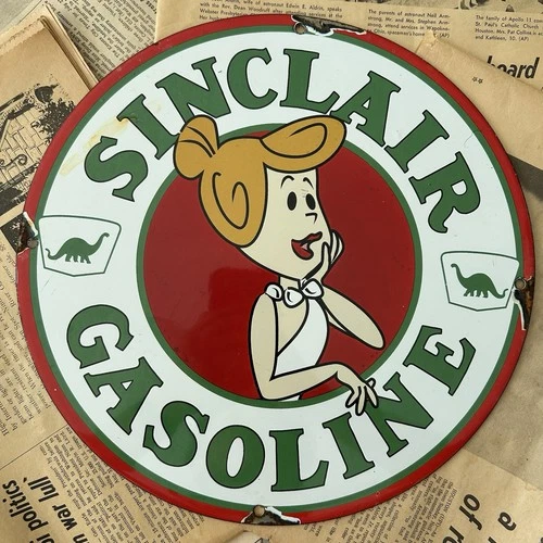 VINTAGE SINCLAIR GASOLINE WILMA FLINTSTONE 12 INCH PORCELAIN ENAMEL SIGN