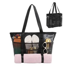 Mesh Beach Tote Bag, Large Zipper Beach Bag with Mat Towel Strap, Quick Dry S...