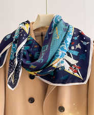 100 Mulberry Silk Sailboat Print Scarf Neckerchief 35'' Square Shawl Bandanna
