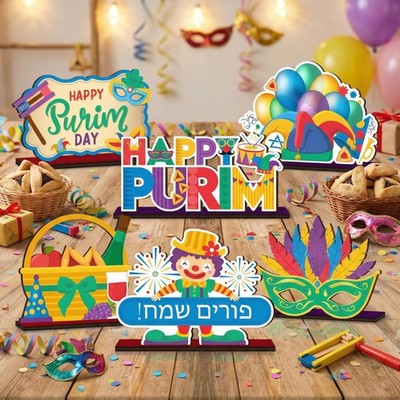 6 PCS Purim Wooden Tabletop Centerpiece Signs Tiered Tray Table Toppers Set