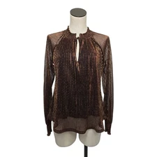 Roan & Ryan Brown Holiday Sparkle Metallic Lamé Mock Neck Blouse Size Small