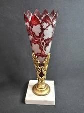 ANTIQUE Victorian Bohemian ETCHED RUBY GLASS EPERGNE VASE WITH MARBLE BASEc.1850