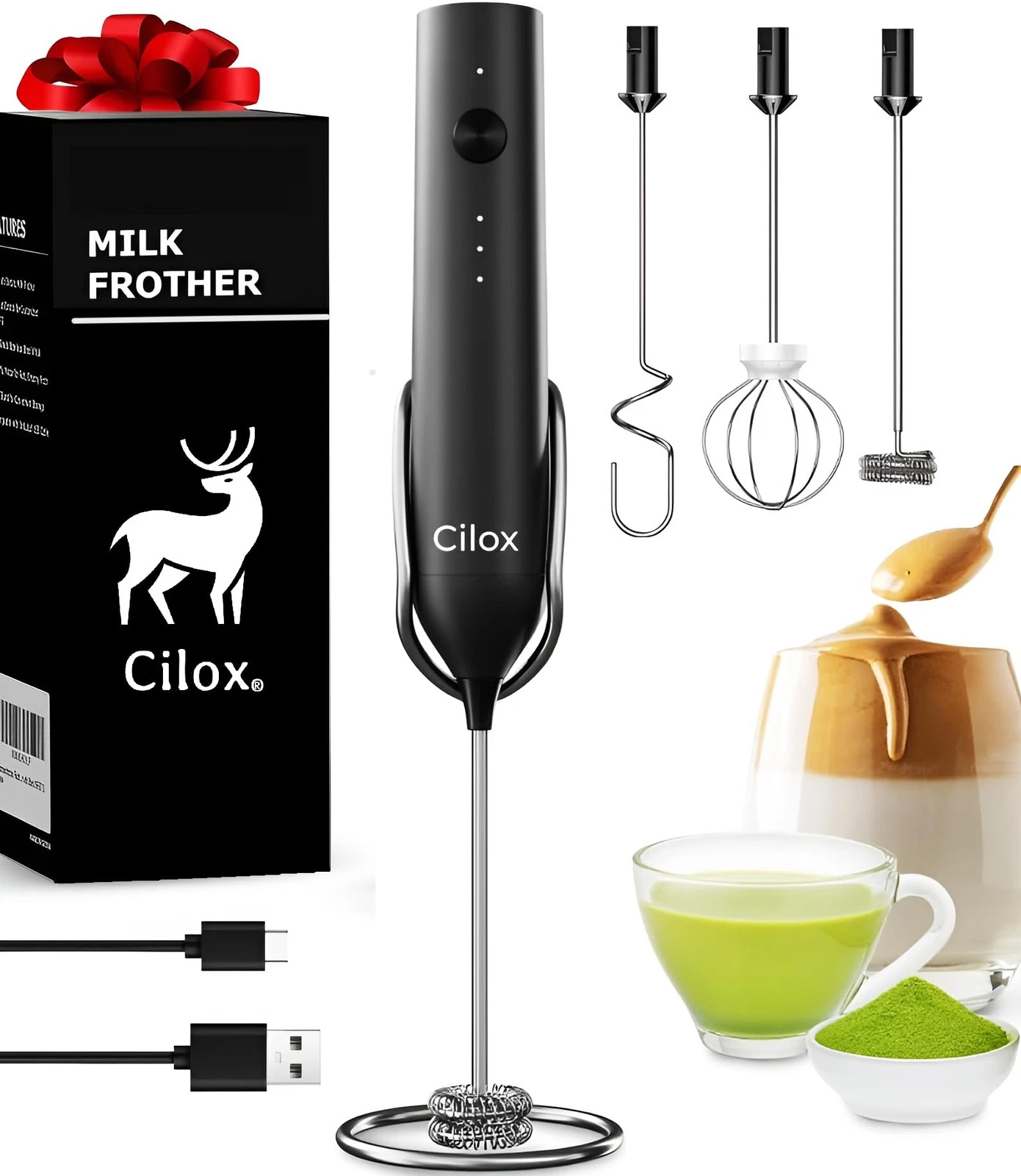 Rechargeable Milk Frother Handheld with 3 Detachable Stainless Whisks and Sta...