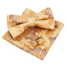 Mens Floral Pre Tied Bow Tie, Pocket Square and Cufflinks 012-orange yellow