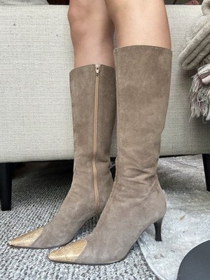 Vintage Renzo Novelli Suede Pointed Toe Knee High Tan Boots w/ snakeskin Accent