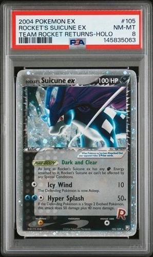 2004 POKEMON EX TEAM ROCKET RETURNS #105 ROCKET'S SUICUNE EX-HOLO PSA 8