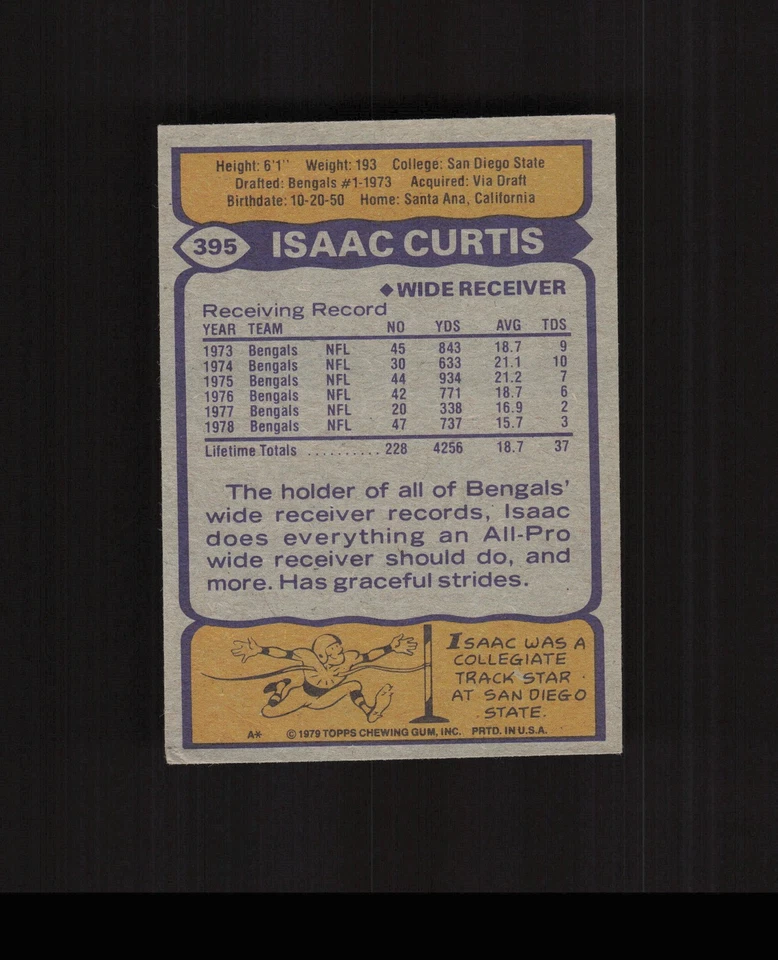 1979 Topps #395 Isaac Curtis Football Card Cincinnati Bengals - Image 2 of 2