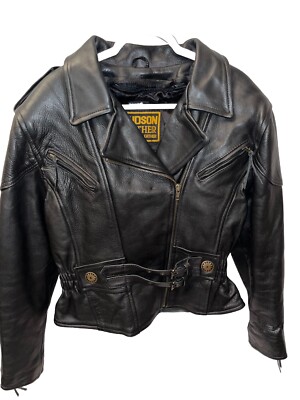 Vintage Hudson Leather Jacket Womens L Black Full Zip Punk Biker Belted 