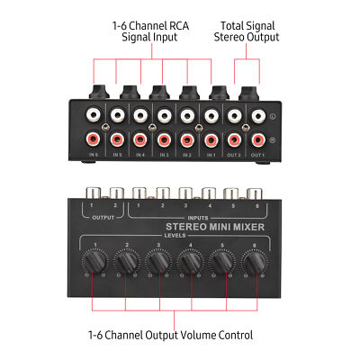 Mini Stereo 6 Channel Passive Mixer RCA Portable Audio Mixer 6 In