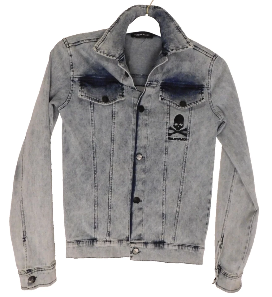 RARE PHILIPP PLEIN Youth 12-14 Blue Denim Stonewash Jacket Skull Name Logo Black - Image 4 of 4