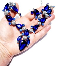 Blue Crystal Choker Rhinestone Necklace Earring Set Bridal Prom Pageant