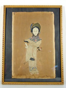 Old Chinese Warrior Silk and Paper Doll 19 th C Framed