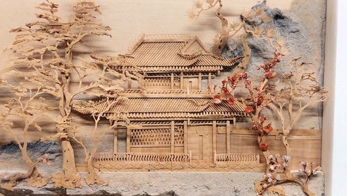 Asian Style Pagoda Diorama Framed Under Glass Very Fine Bamboo Details 17½" Wide - Picture 3 of 7