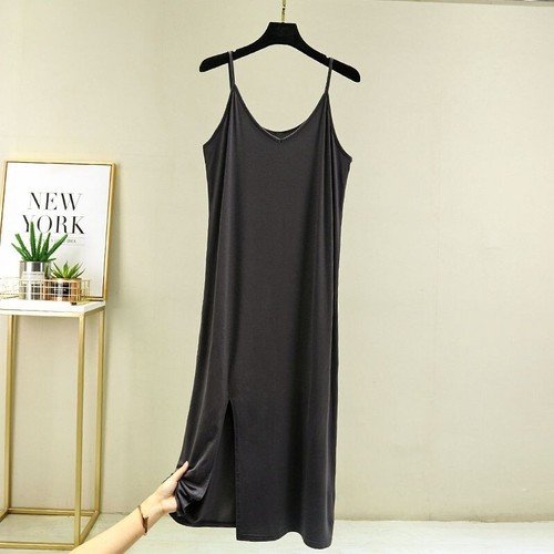 Modal V-Neck Women Nightdress Summer Sleeveless Dress with Slit Hem Lounge Wear - Picture 8 of 22