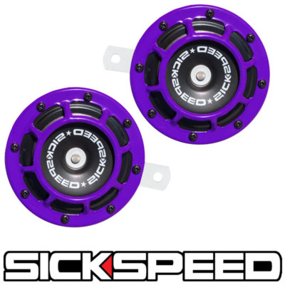 SICKSPEED 2PC PURPLE SUPER LOUD COMPACT ELECTRIC BLAST TONE HORN TRUCK 12V P24