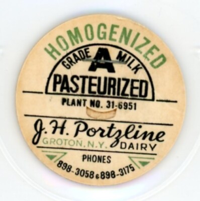 Milk Bottle Cap - J. H. Portzline Dairy - Groton, New York, NY - 1 7/16'' dia.
