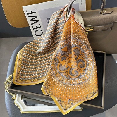 100% Mulberry Silk 26'' Square Scarf Women Vintage Neckerchief Wrap Yellow Horse