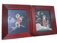 Vintage Print Set of 2 Chinese Art RED TEXTURED Wooden Frames 6 x 7 MCM