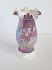Fenton Iridescent Plum Lavender Hurricane Candle Lamp Light w Lilies Ruffled VGC
