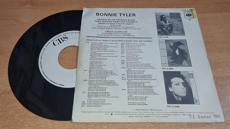 BONNIE TYLER & TODD RUNDGREN Loving you's 7" SPAIN PROMO SINGLE VINYL VERY RARE - Image 2 of 3