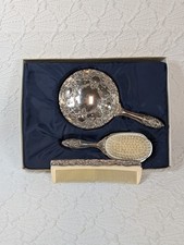 VTG Godinger Vanity Dresser Set 3 Piece Silver Plate Mirror Brush Comb In Box