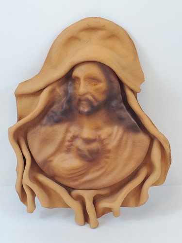 Heart Of Jesus Image Colombia Carved Leather Sculpted Wall Hanging 