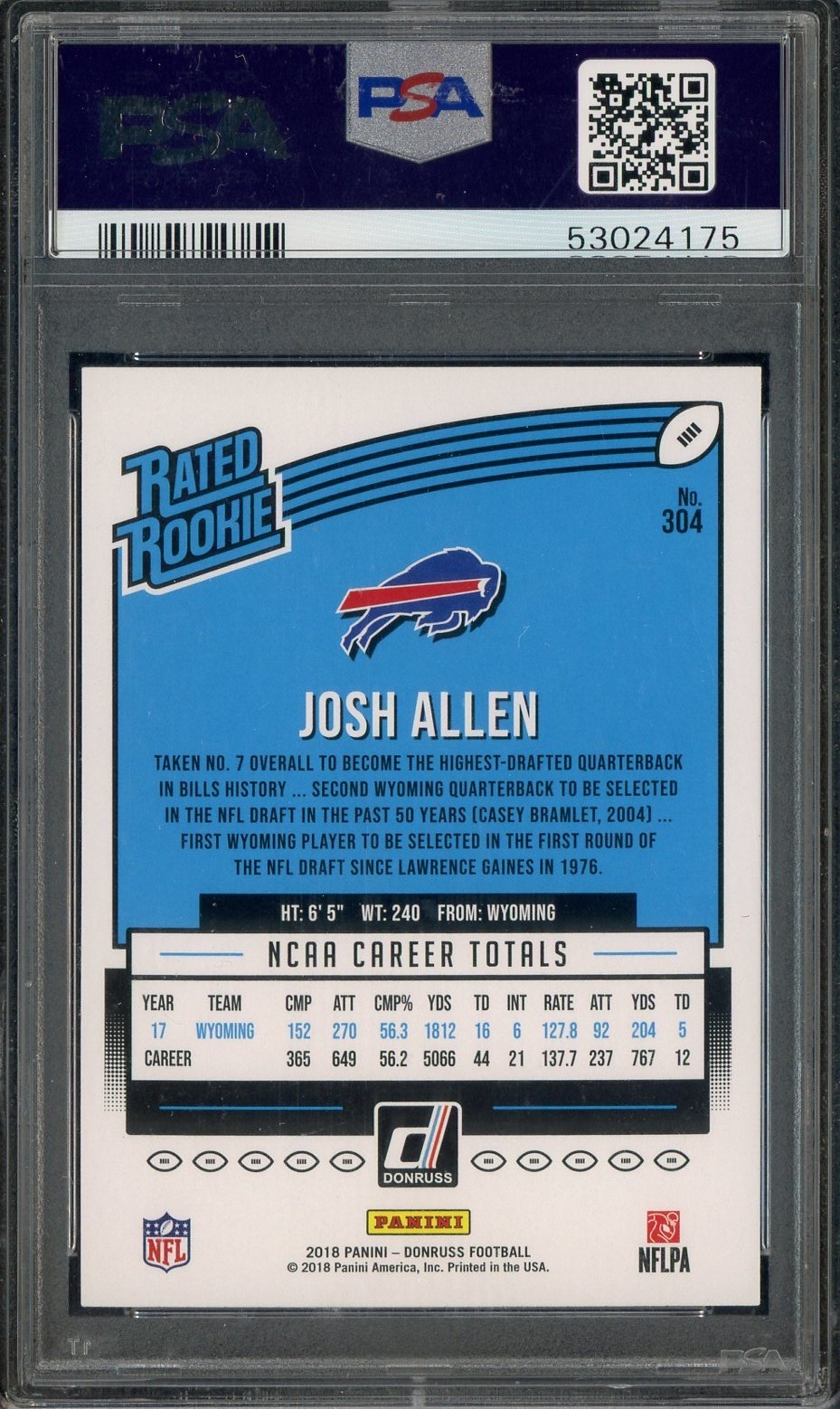 2018 Donruss #304 Josh Allen Buffalo Bills RC Rookie PSA 10 GEM MINT view 2