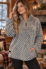 Simply Southern Women  s Size M White Gray Diamond Sherpa 1/4 Zip Pullover Cozy