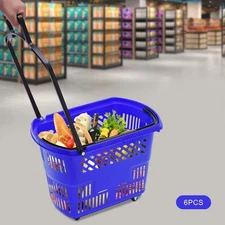 6pc Blue Shopping Carts with Wheels & Handle Plastic Rolling Shopping Basket