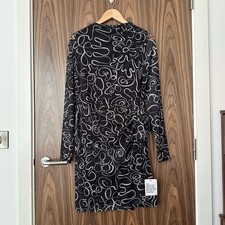 ASOS Black Mono Swirl Mesh Mock Neck Wrap Tie Long Sleeve Mini Dress L NEW £30