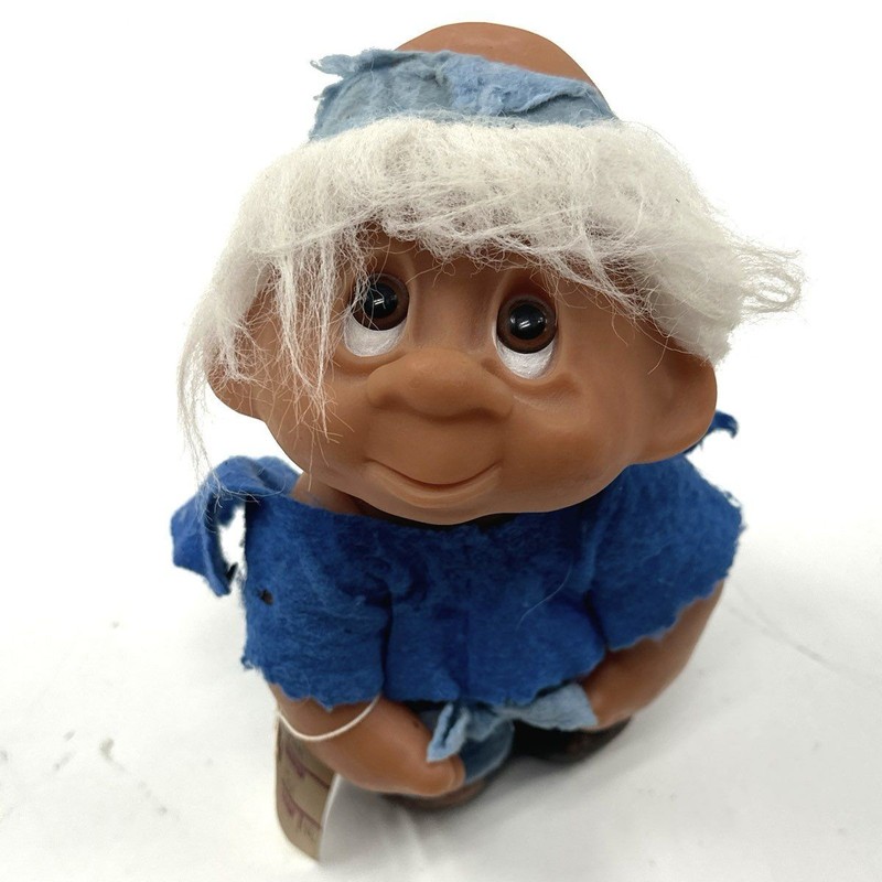 Vintage 1982 DAM Troll Doll Made in Denmark White Hair Blue Felt Outfit 8 Inch