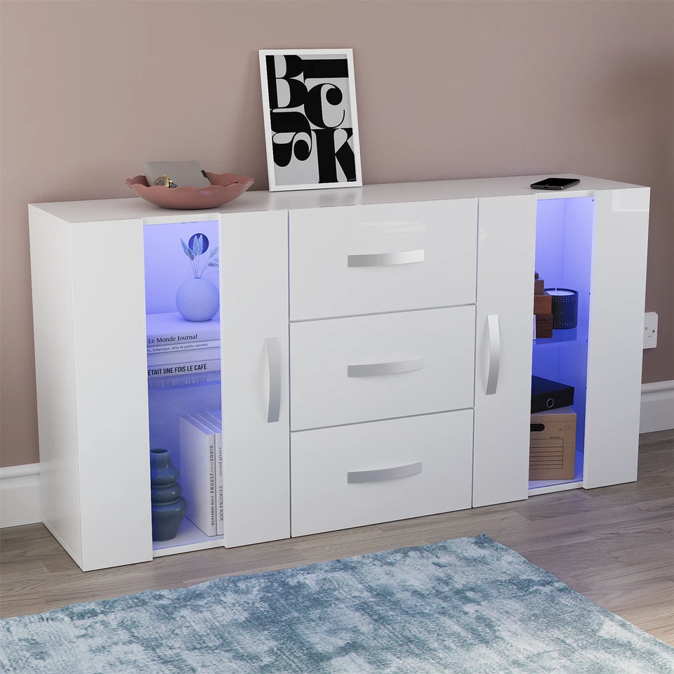 LED Sideboard 2 Door 3 Drawer Buffet Storage Cabinet Cupboard TV Unit High Gloss