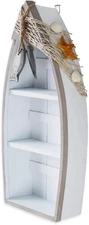 2-Shelf Wood Boat Shelf, Nautical Decor with Fishing Net, Starfish, Seashells -