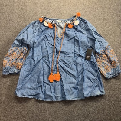 NWT Crown & Ivy Blue Chambray Orange Tassel Tie Neckline Bell Sleeves Top Small