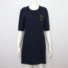 CHANEL Patch Logo Navy Wool Round Neck Short Sleeve Dress 46567 152318115 [P]