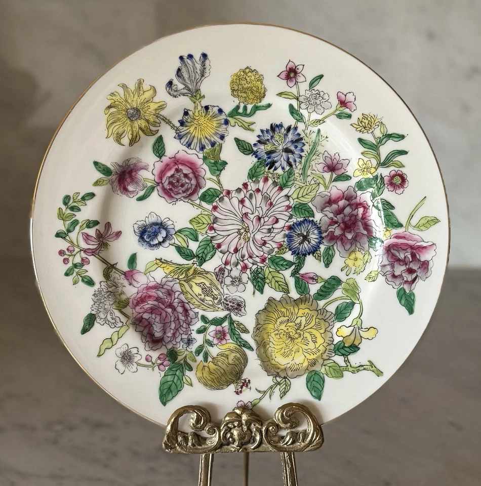 Plato de porcelana floral chinoiserie decorativo pintado a mano vintage con borde dorado Foto 2 de 4