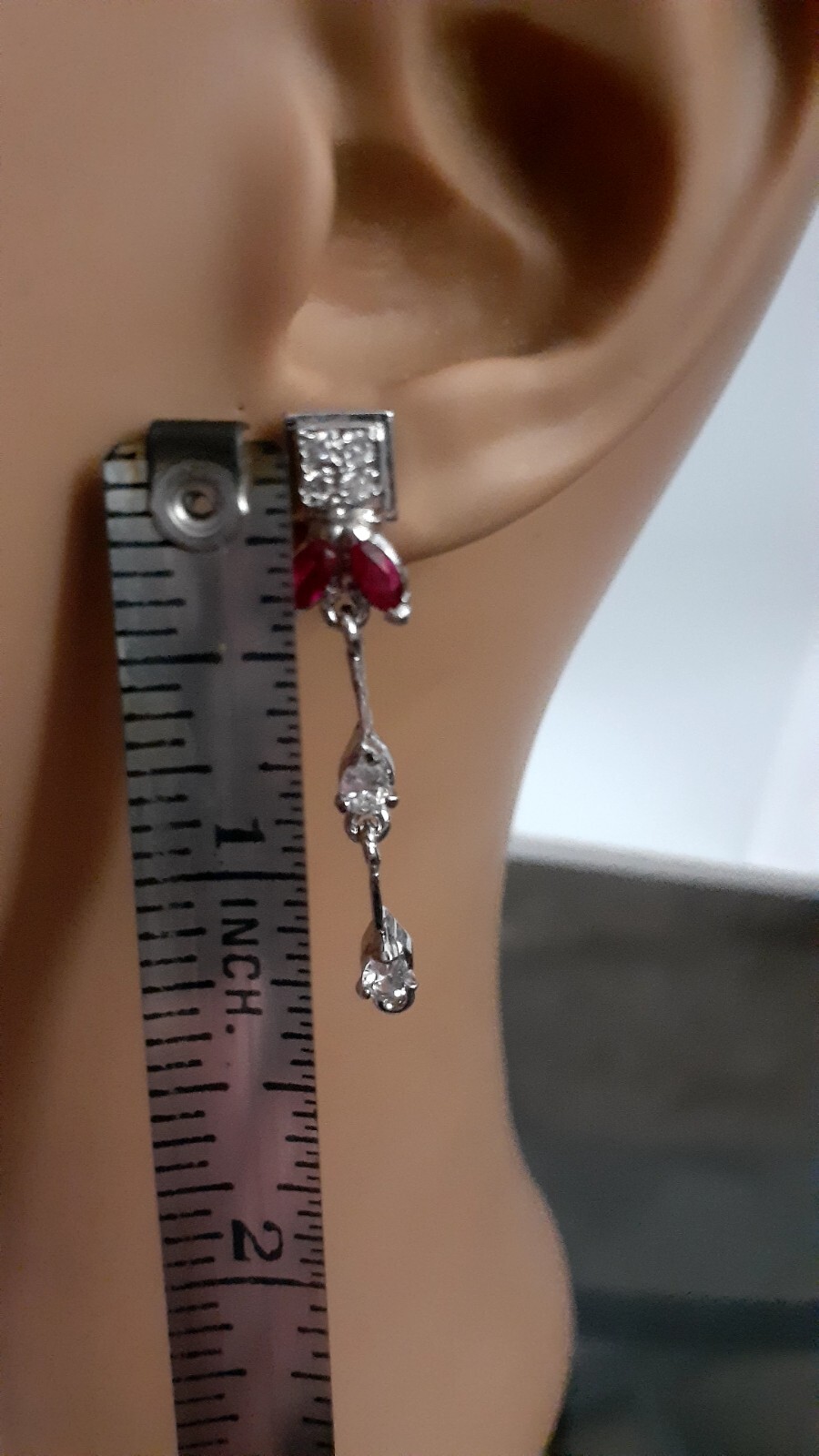 Ruby Gemstone & Clear Stone Silvertone Dangle/dro… - image 7