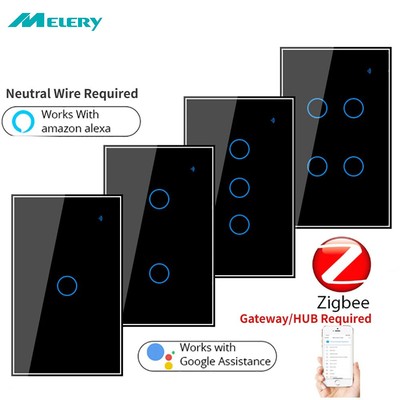 Melery Zigbee Tuya Smart Life Touch US Wall Light Switch Rectangle Glass Panel 
