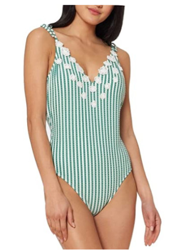 Jessica Simpson Large Green/White Striped Textured 1-Piece Swimsuit NWT L