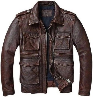 Men's Vintage Brown Distressed Leather Jacket Retro Biker Cafe Racer Style